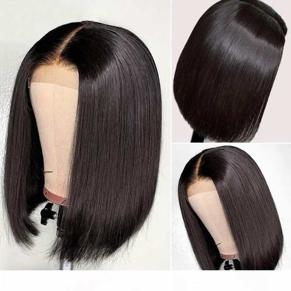 

13x4 lace front human hair wigs pre plucked natural hairline remy 150% density middle ratio short brazilian bob lace front wigs, Black;brown