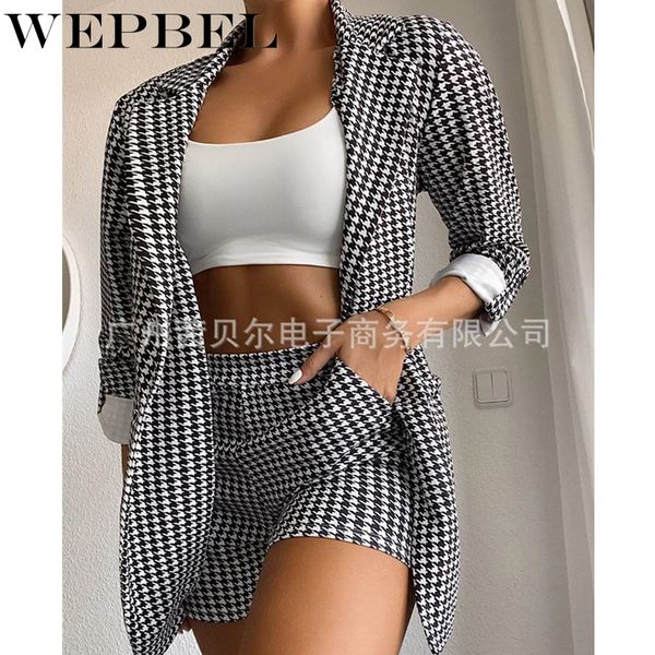 

korean women's elegant plaid two-piece suit jacket + elastic waist shorts two-piece office lady women set q1210, Black;white