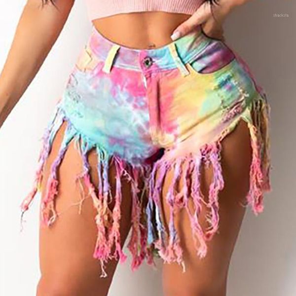 

2020 women zippers fringed frosted tie-dyed printed imitation denim jeans shorts mid waist buttons tassels short pants d301, White;black