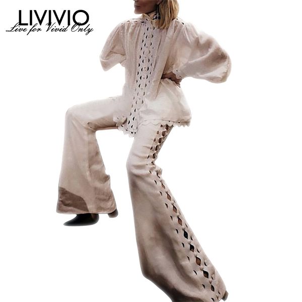 

[livivio] casual solid hollow out women set turtleneck puff sleeve slim wide leg pants two piece set elegant spring 2019 t200702, White