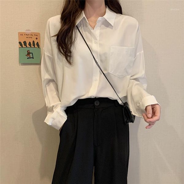

women's blouses & shirts women long sleeve blusas mujer de moda 2021 verano spring clothes pockets loose casual blouse shirt 527d1, White