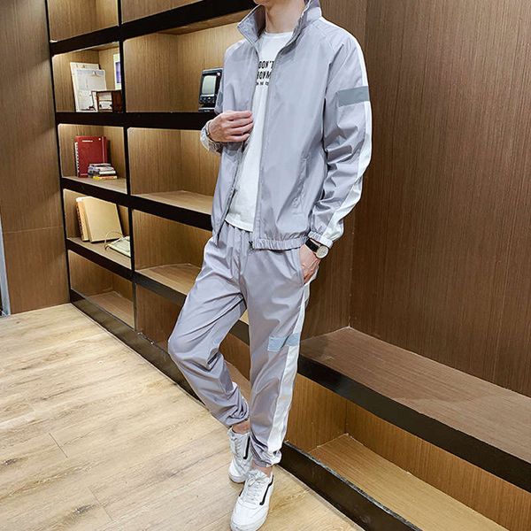 

autumn sports suit reflective strip two piece loose casual coat plush men's wear, Gray