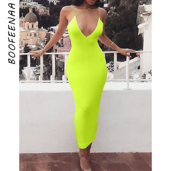 

boofeenaa neon yellow orange summer maxi dress spaghetti strap deep v backless tight bodycon dresses for woman 2020 c83az08 y200418, Black;pink