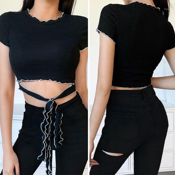

women short sleeve slim o neck bandage fitness shirts gothic cotton crop black1, White