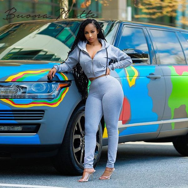 

women zipper pockets solid stretchy tracksuit autumn activewear sporty drawstring hoodie leggings matching two piece set, Gray
