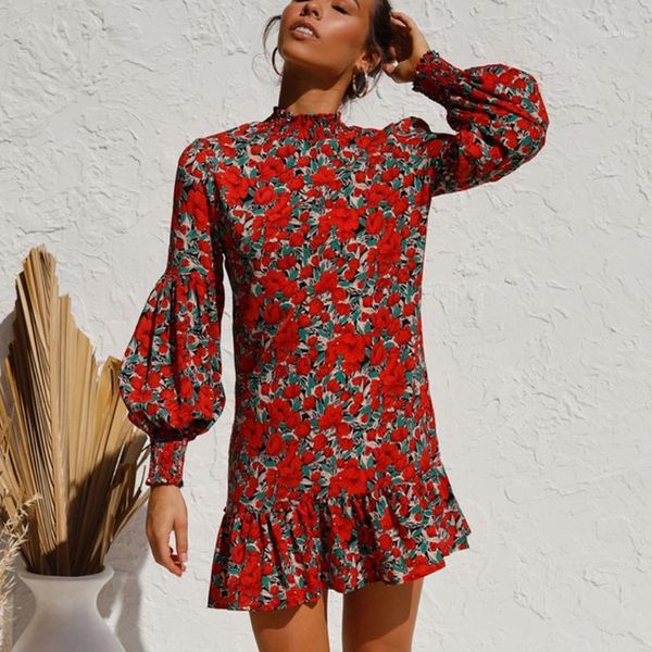 

casual dresses women vintage red long sleeve dress ruffled mini sun short retro female 2021 dress#0730ljc1, Black;gray