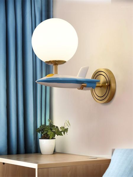 

copper children's room wall lamps boy bedroom cartoon airplane bedside lamp eye protection single head double head wall lights1