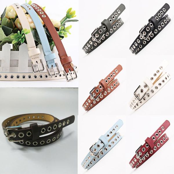 

new fashion women's belts casual waist belt pu leather hollow rivets alloy thin slim waist belt band ladies female sale, Black;brown
