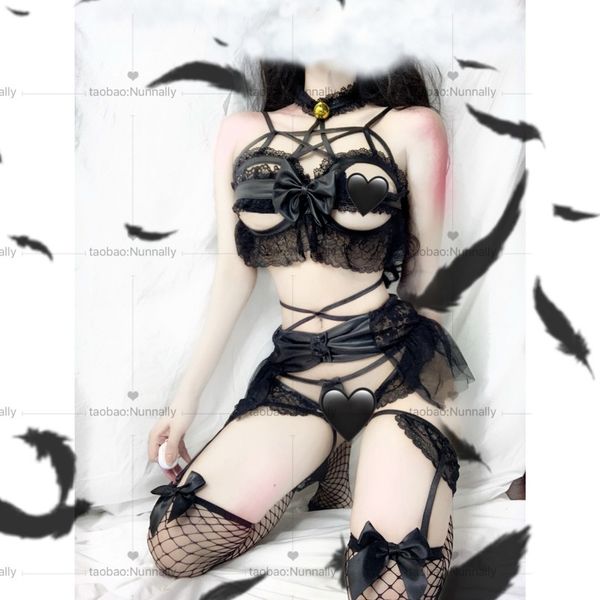

lingerie. imitation leather underwear. five-pointed demon. wings., Black;white