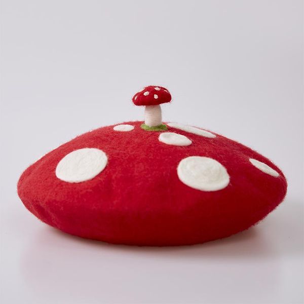 

original cute mushroom handmade wool felt berets creative painter hat birthday gift hat, Black;white