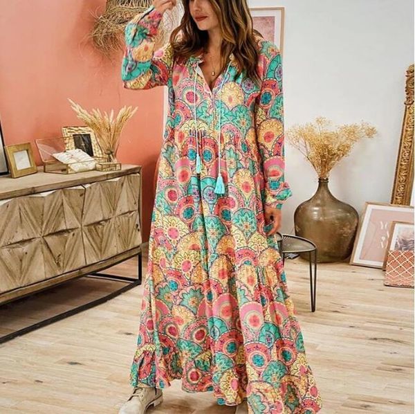 

vestido maxi 2020 bomio moda senhoras soltas decote em v manga longa muito elegante impresso feminino grande, Black;gray