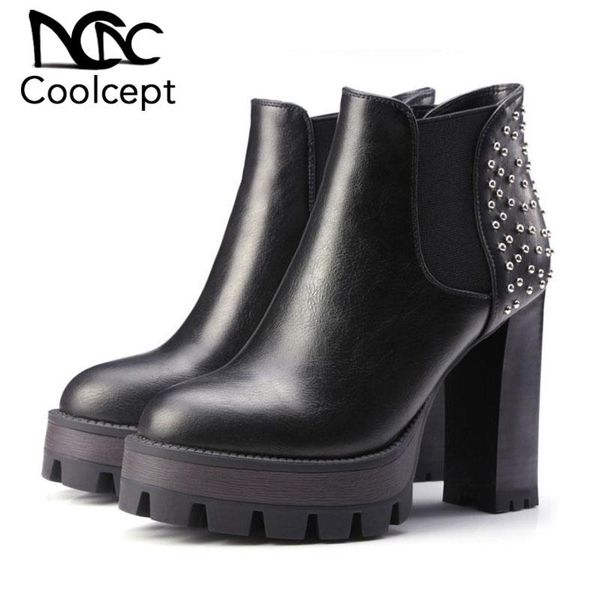 

boots coolcept size 32-42 women winter ankle brand rivets thick high heels platform warm fur lined leather footwear, Black