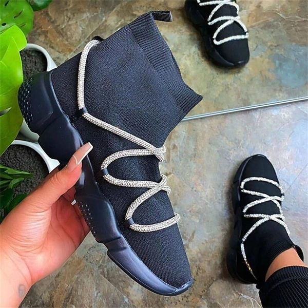 

2020 new winter fashion ankle boots women elastic socks platform boots women weaving women casual bootie plus size botas mujer, Black;white