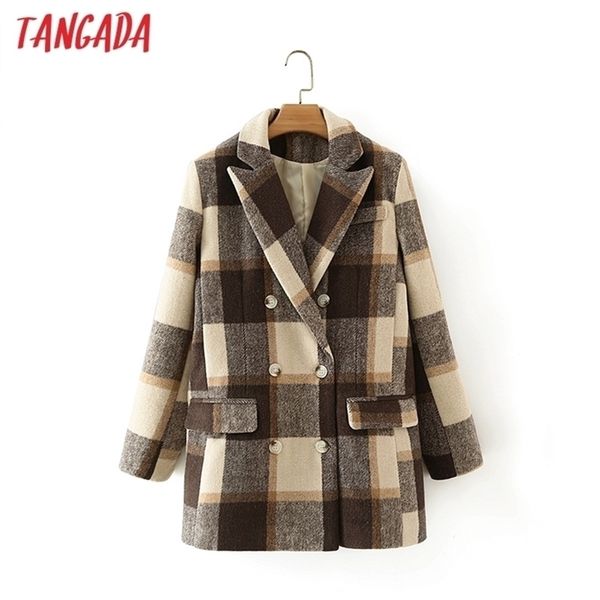 

tangada women winter warm plaid woolen blazer coat vintage double breasted long sleeve office lady outerwear chic da40 201218, Black