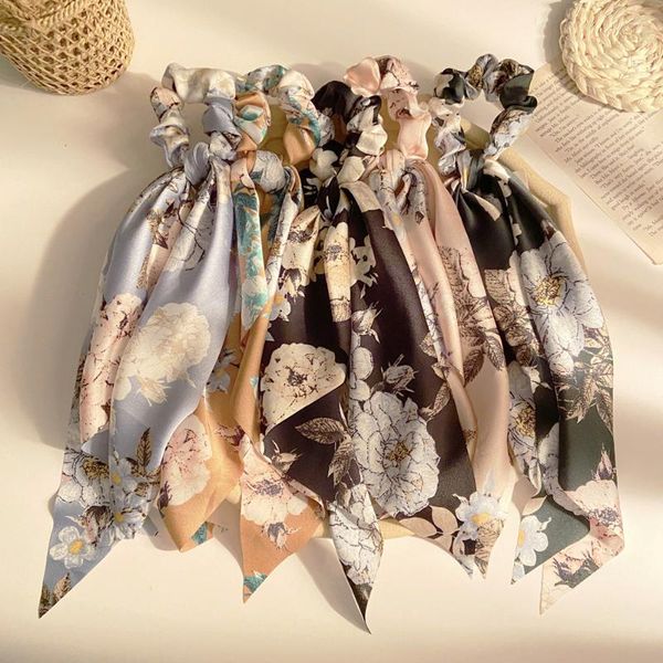 

hair accessories ins vintage floral print bow satin long ribbon elastic bands scrunchies tie ponytail holder for women