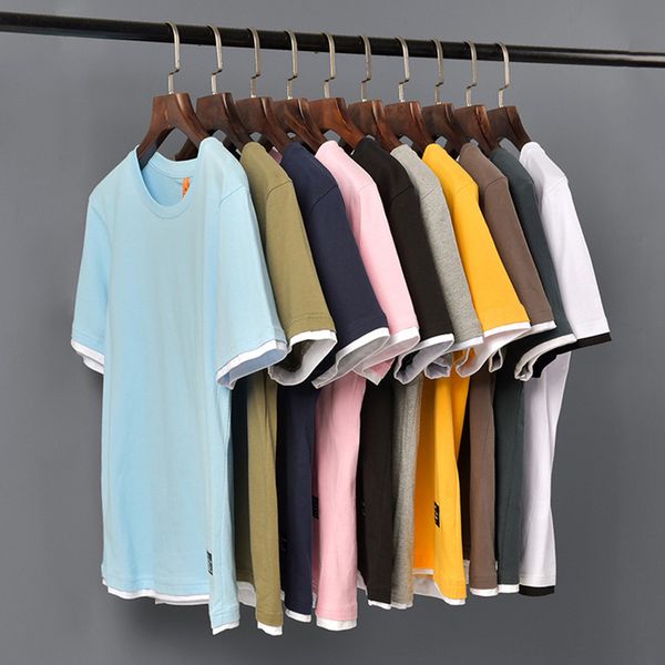 

solid color shirt men summer white fake two short sleeve mens tshirts fashion cotton plain t shirts camisetas kg-305, White;black