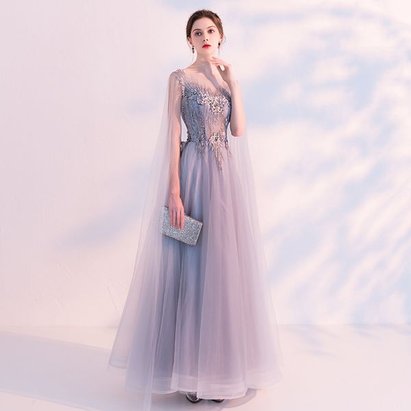 

appliques flowers embroidery cap sleeve formal floor-length long sleeve gray long evening dress formal dress women elegant, White;pink