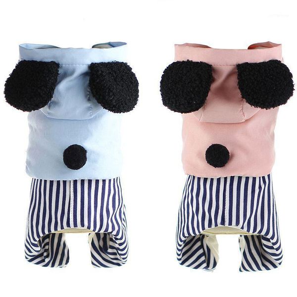 

dog apparel pet winter hooded clothes with black ear thickening warm 4-legged costume striped pants jumpsuit for dogs1