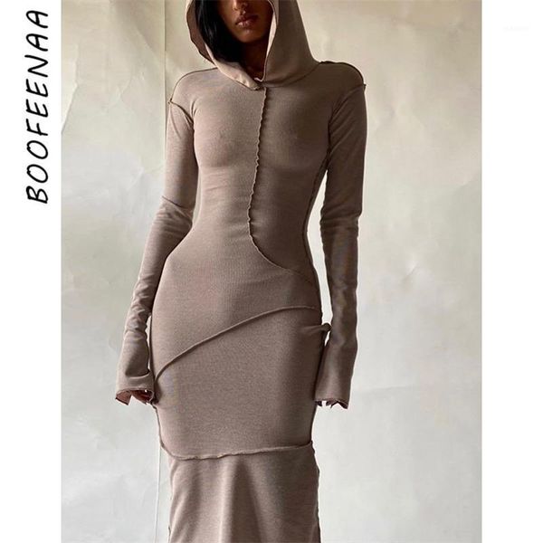 

boofeenaa contrast stitch hooded long sleeve t-shirt dresses for women casual fashion khaki bodycon maxi dress c15-cz321, Black;gray