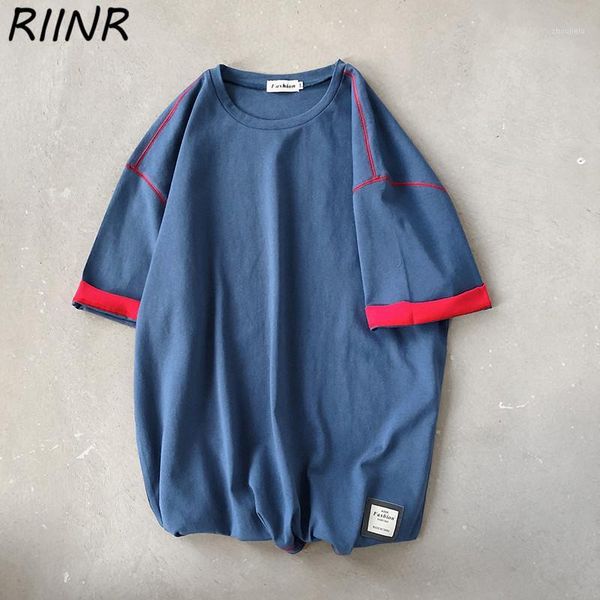 

riinr 2020 summer solid color stitching men's short-sleeved t-shirt korean style youth trend loose round neck pullover t-shirt1, White;black