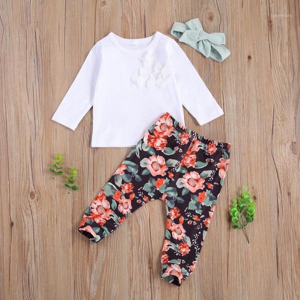 

3pcs cotton outfits for newborn girls warm casual suit solid long sleeve flower printing long pant +hair-band infant clothes1, White