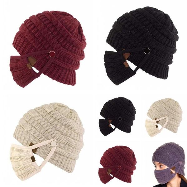

2020 new winter hat european and american knitted hat buttons can bring face masks knitted twist hat masks 2 sets 3 p2