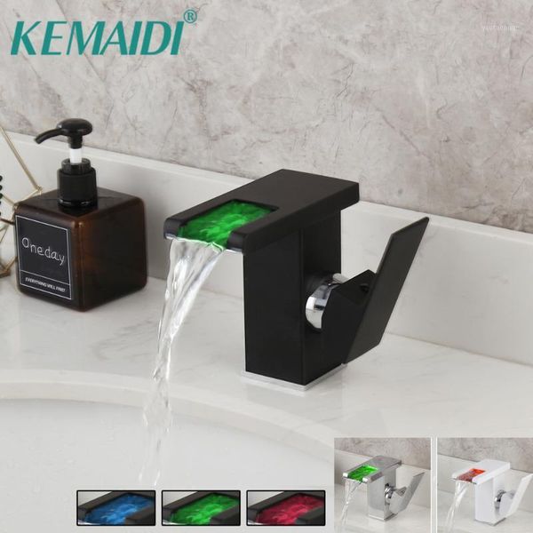 

bathroom sink faucets kemaidi led waterfall basin faucet wash mixer tap white & black deck mount solid brass water tap1