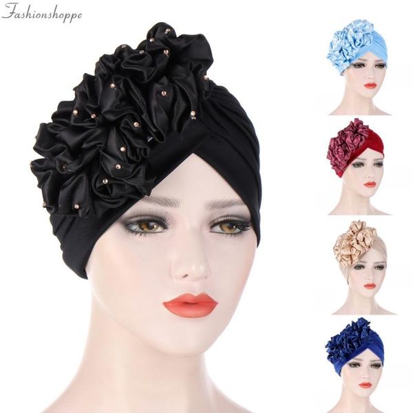 

beanie/skull caps fashion turban for women big flower female head wraps muslim headscarf bonnet african headtie india hat, Blue;gray