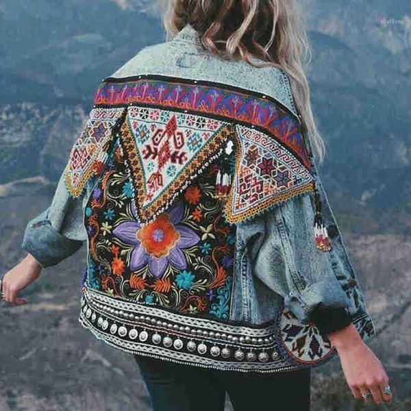 

women's jackets ethnic vintage denim turn-down collar chic back beading floral embroidery coats long sleeve women jeans jackets1, Black;brown