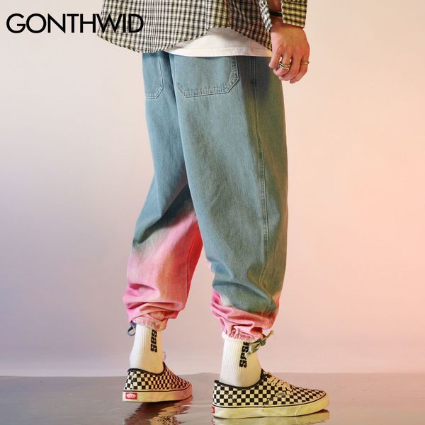 

gonthwid tie dye color block joggers harem cargo denim jeans streetwear mens hip hop harajuku casual baggy jeans pants trousers lj201221, Black