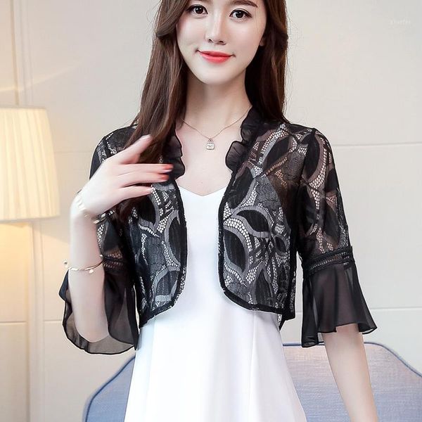 

shorts shawl basic sweet college hollow out slim elegant floral lace flare sleeve coats summer outwear coat crops, Black;brown