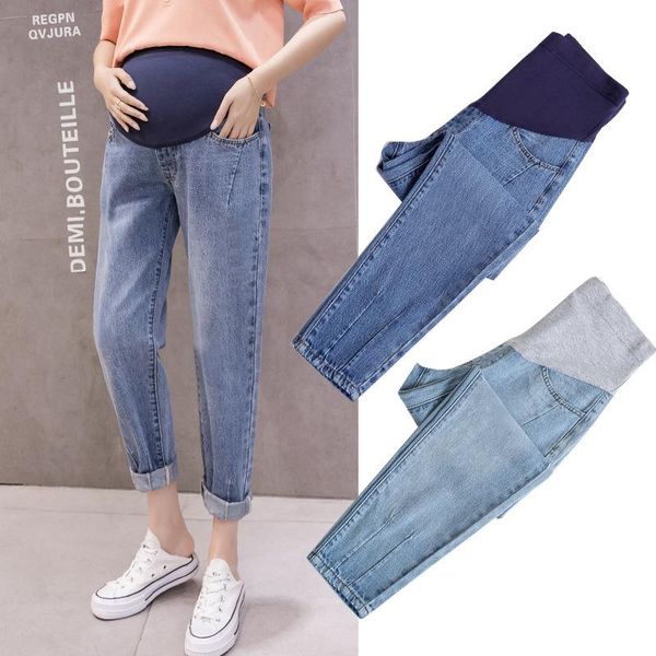 

maternity bottoms autumn korean fashion denim straight jeans adjustable belly pants clothes for pregnant women pregnancy trousers, White