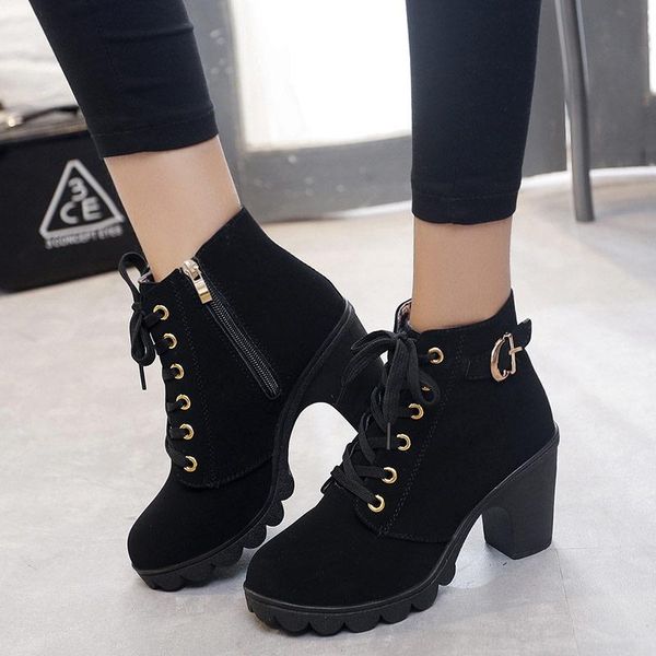 

boots woman ankle 2021 lace-up ladies high heel shoes vintage women, Black