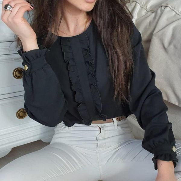 

lasperal womens and blouses ruffled blouse women o neck flare long sleeve shirts female casual solid blusas plus size1, White