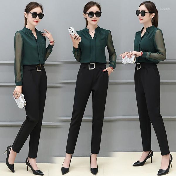 

women sets 2018 autumn office lady elegant long sleeve chiffon blouse shirts pullover black harem pant trouser two piece set1, Gray