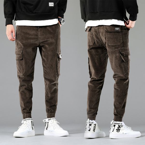 

2021 new fashion streetwear men jeans loose fit big pocket casual corduroy cargo pants japanese vintage designer hip hop joggers trousers wg, Blue