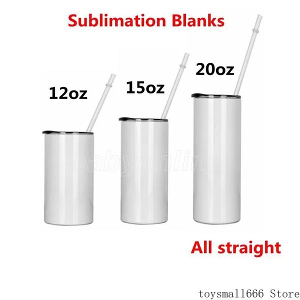 

us stock 12 15 20 oz sublimation straight tumblers with lid straw blank white stainless steel car cups travel mugs insulated water bottle