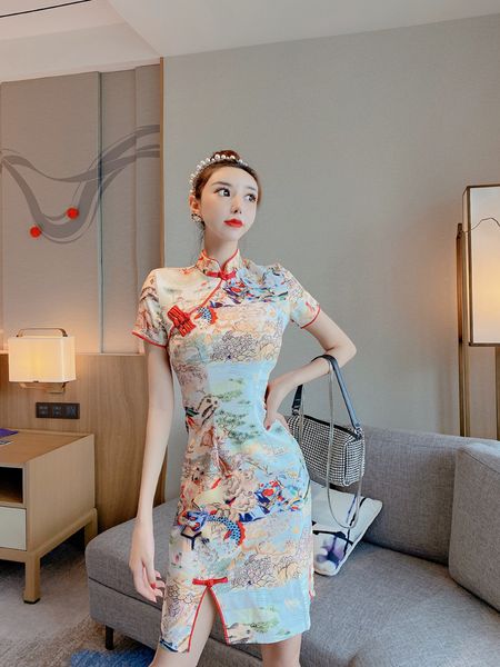 

2021 chinese style cheongsam will see new sleeves retro young goddess model split improved short mini dress chi-pao 95n8, Black;gray