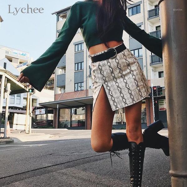 

skirts lychee harajuku snakeskin printed women skirt without belt split high waist female bottom above knee summer lady bottoms1, Black