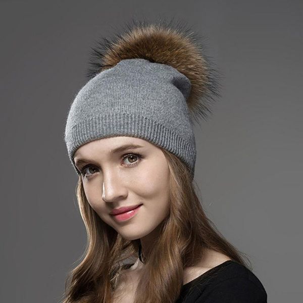 

Lady wool raccoon wool knitted winter warm hat, Blue;gray