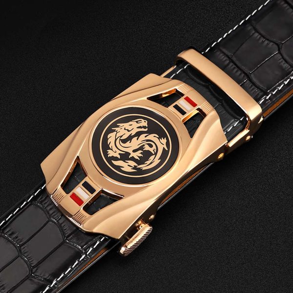 

zodiac dragon leather and middle-aged automatic buckle trouser belt men's trendy young bridegroom simple trousers, Black;brown