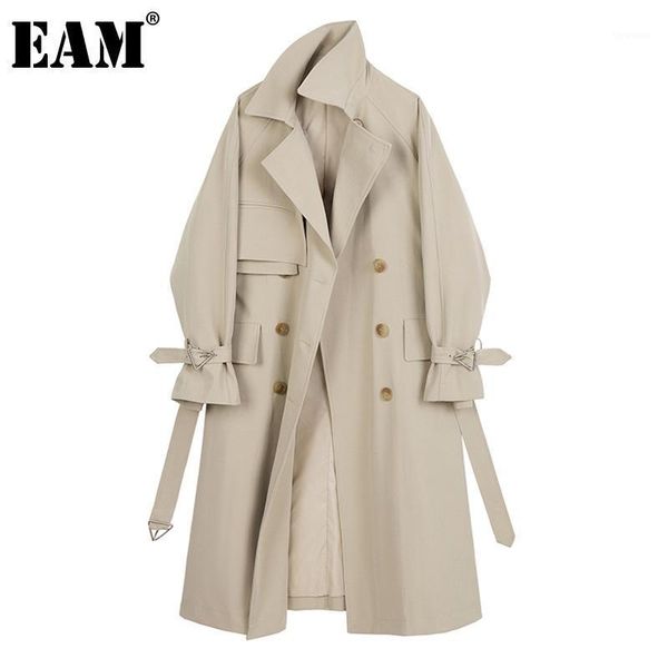 

eam] women khaki bandage big size long trench new lapel long sleeve loose fit windbreaker fashion autumn winter 2021 1db3421, Tan;black