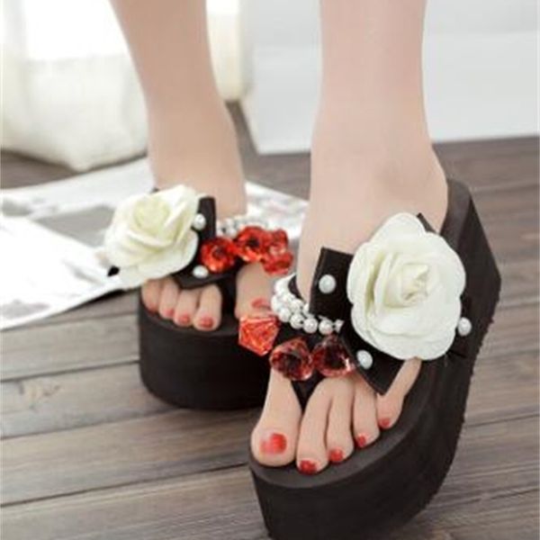 

crescente anti-landslide grosso solado fip flops flor de luxo prola beading slide chinelos cunha calcanhar praia chinelo 5p0s, Black