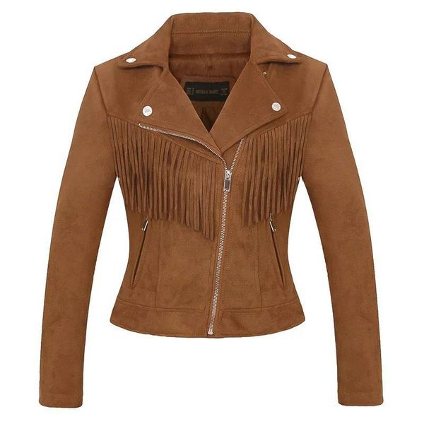 

2020 women's spring fall fashion women artificial deer suede leather slim short jacket girl lapel chest tassels oat, Black