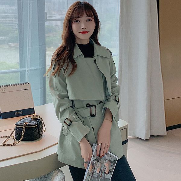 

short windbreaker women's 2021 autumn popular english style trench waist belt casual coat, Tan;black