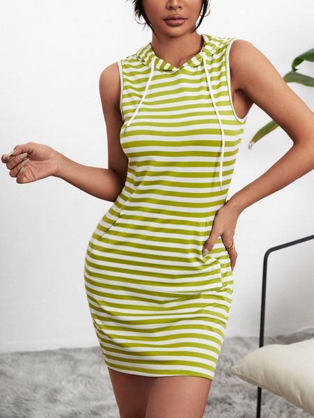 

striped drawstring hooded tank dress c0r3#, Black;gray