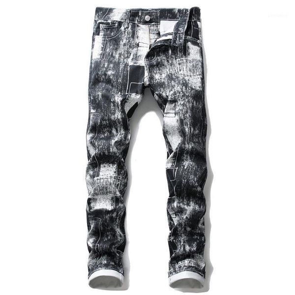 

mcikkny men's korean printed jeans pants slim fit casual denim trousers for male night club wear1, Blue