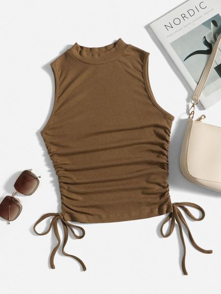 

mock neck knot side ruched tank r9zc#, White