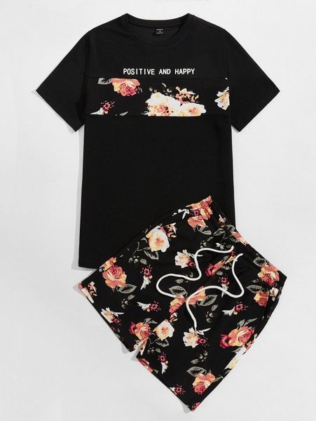 

men floral and letter graphic tee & shorts z9h9#, Gray