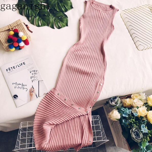 

gaganight autumn winter women maxi dress knitted sleeveless split elegant slim bodycon dresses female solid straight striped 201126, Black;gray